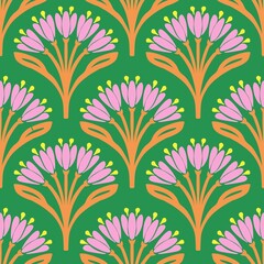 Vintage  Retro flower Modern Art Deco Seamless Pattern. Geometric decorative with flower texture. Retro background.  Green background. Pink flower and leaf. Wallpaper