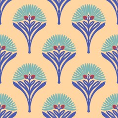 Vintage  Retro flower Modern Art Deco Seamless Pattern. Geometric decorative with flower texture. Retro background.  beige background. Blue flower and leaf. Wallpaper