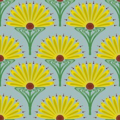 Vintage  Retro flower Modern Art Deco Seamless Pattern. Geometric decorative with flower texture. Retro background.  Blue background. Pink flower and leaf. Wallpaper