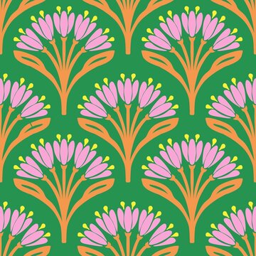 Vintage  Retro flower Modern Art Deco Seamless Pattern. Geometric decorative with flower texture. Retro background.  Green background. Pink flower and leaf. Wallpaper
