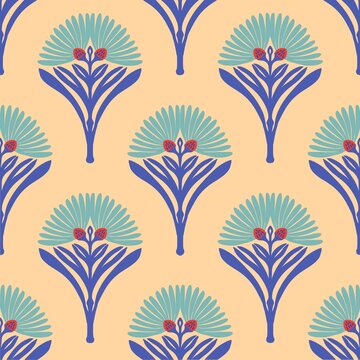 Vintage  Retro flower Modern Art Deco Seamless Pattern. Geometric decorative with flower texture. Retro background.  beige background. Blue flower and leaf. Wallpaper