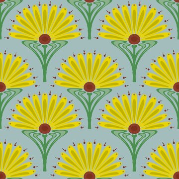 Vintage  Retro flower Modern Art Deco Seamless Pattern. Geometric decorative with flower texture. Retro background.  Blue background. Pink flower and leaf. Wallpaper