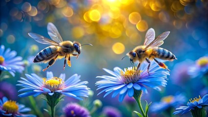 Naklejka premium Golden Hour Buzz Two Honeybees in Flight Over Vibrant Blue Flowers Amidst a Soft-Focus Floral Meadow