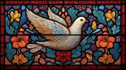 Ornate stained glass window depicting a soaring dove.
