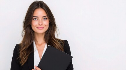 Obraz premium Confident Businesswoman Holding Folder with a Smile in Professional Attire