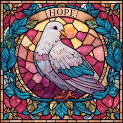 Colorful stained glass design featuring a dove of hope.