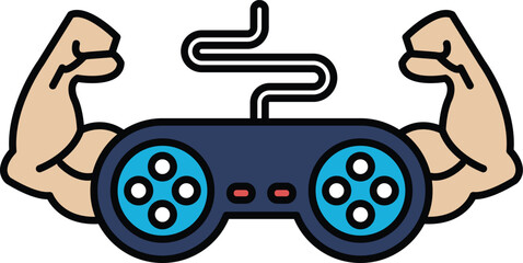 A man's biceps are shown with a video game controller in the foreground