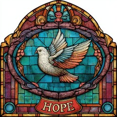 Decorative stained glass design featuring a dove of hope.