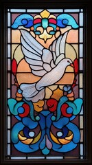 Ornate stained glass window depicting a soaring dove.