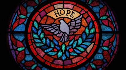 Colorful stained glass window depicting hope and a dove.