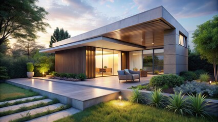 Fototapeta premium Modern architectural design a tranquil evening view of a contemporary home with integrated outdoor living space and landscaped garden