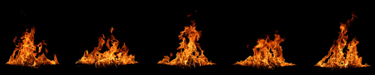 Fototapeta premium Abstract flames collection isolated on black background. Different burning effects. Flames in the night sky.