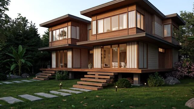 A modern wooden house surrounded by lush greenery and stone pathways