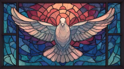 Stained glass depiction of a soaring dove.