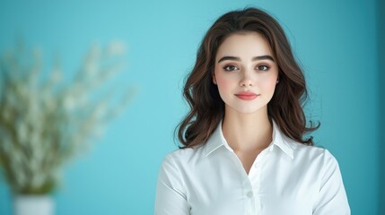 the brunette businesswoman in a crisp white shirt exudes confidence and cheerfulness as she stands with folded hands, exuding a sense of professionalism and approachability.
