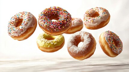 colorful assortment of beautifully decorated donuts, including ones drizzled with icing, topped with sprinkles, and dusted with sugar, tumbling gracefully in mid air against a pristine white backdrop