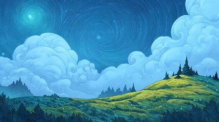 Fototapeta premium Night landscape with hills trees clouds and stars in a stylized illustration.