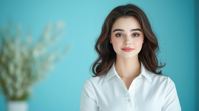 the brunette businesswoman in a crisp white shirt exudes confidence and cheerfulness as she stands with folded hands, exuding a sense of professionalism and approachability.