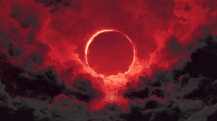 Crimson celestial ring amidst ominous clouds.