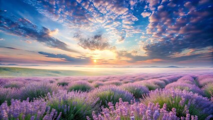 Naklejka premium Serene Sunrise over a Misty Lavender Field, Painting a Dreamlike Landscape with Vibrant Colors and Soft Light