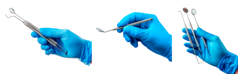 Set of Professional Dentist's Hand Wearing a Blue Glove Holding Various Dental Tools, PNG