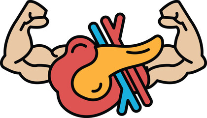 A cartoon of a man with a muscular arm holding a red