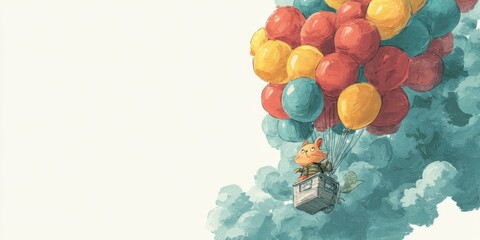 Colorful balloons lift a creature into the sky.