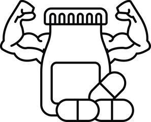 A bottle of pills is shown with a man's arms raised above it