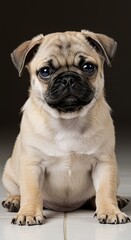 Obraz premium Pug puppy sitting portrait cute small dog looking at camera adorable pet studio shot animal theme