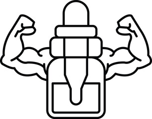 A bottle of medicine with a man's arms raised above it