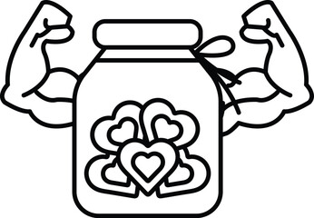 A jar filled with hearts is shown with a man's arms raised in the air