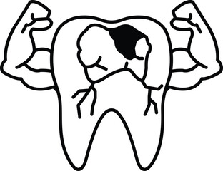 A tooth with a black spot on it is shown with a muscular man's arms
