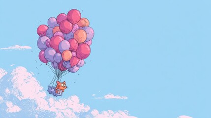 A whimsical animal floating among colorful balloons.