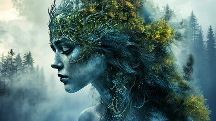 elf portrait of beautiful mystical woman merging with enchanted forest, symbolizing Surreal connection between nature and fantasy - Powered by Adobe
