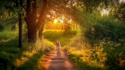 Obraz premium Golden retriever walking on a sunset path, warm light, blurred nature background. A serene moment of peace and connection with nature. 