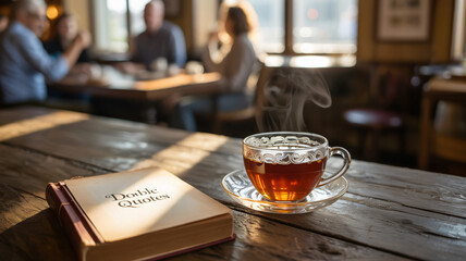 Warm cup of tea on a rustic wooden table bathed in afternoon light at a cozy cafe