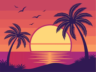 Illustration of a tropical sunset with palm trees and birds flying over the ocean at dusk time