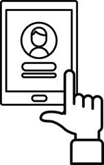 A tablet with a person's face on it and a finger pointing to it