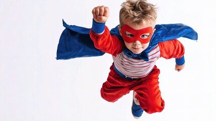 Young Child Dressed as Superhero in Dynamic Flying Pose