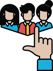 A hand pointing at a group of people