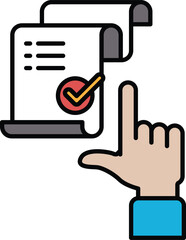 A hand pointing to a check mark on a piece of paper