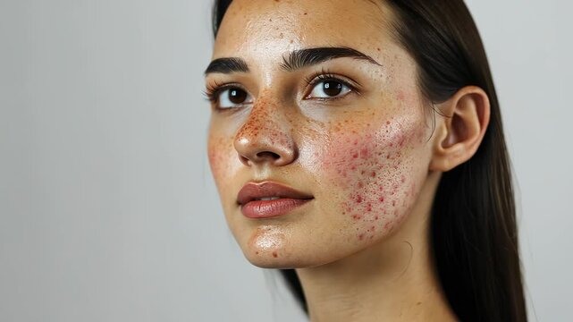 Profile portrait close up view space a young woman displaying problematic skin characterized by acne, pimples redness, and various blemishes on her face Copy of for text