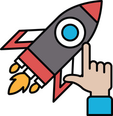 A rocket is shown with a hand pointing at it