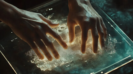 Fototapeta premium Cinematic capture of hands operating a transparent touchscreen with big data visuals 