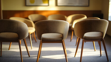 Gathering space quiet room photographic image afternoon light central view empty chairs in a circle