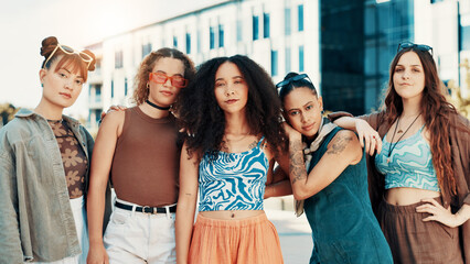 Girls, friends and fashion in city with streetwear, edgy clothes and confident with portrait. Cool, group and women outdoor with trendy sunglasses, urban outfit and bold with gen z style for swag