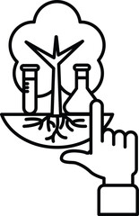 A hand pointing to a drawing of a tree with a lab and a bottle