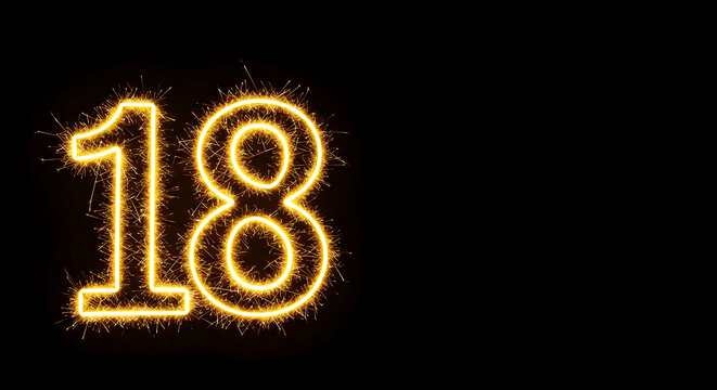 18,  eighteen,  number, Number 18 made of Sparkling Fireworks on Black Background