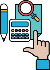 A hand pointing at a calculator and a pencil
