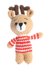 Cute knitted toy deer isolated on white